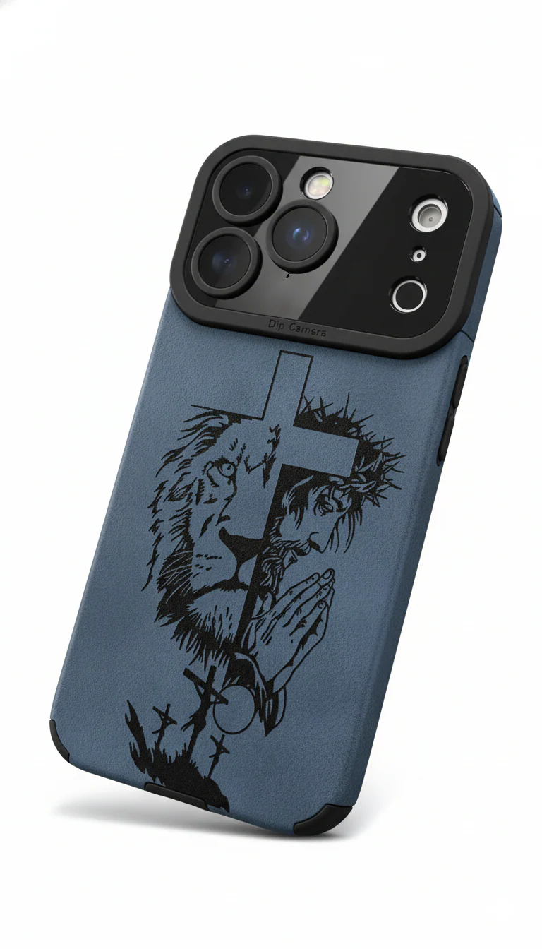 Faith & Strength Engraved iPhone Case – Lion & Prayer Cross Design