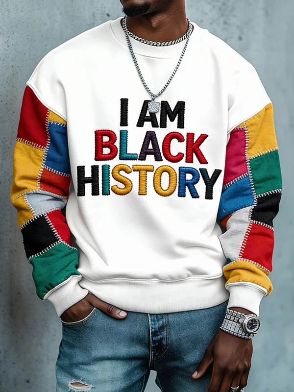 Men's Colorblock I Am Black History Print Casual Sweatshirt
